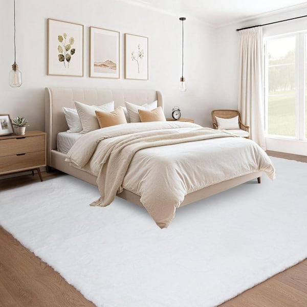 Nourideaux White 8 ft. x 10 ft. Large Rug Fluffy Fuzzy Faux Rabbit