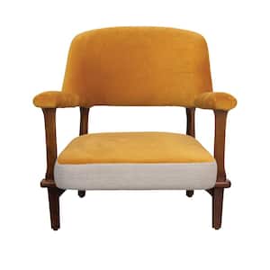 Walnut Finish Cotton Velvet and Linen Upholstered Arm Chair