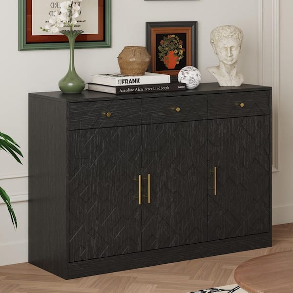 Black Wood 47.2 in. W Sideboard Buffet Cabinet with 3-Drawers, Adjustable Shelves and Gold Handles, Geometric Design