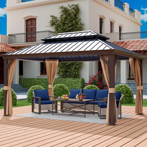 10 ft. x 14 ft. Gazebo with 4-Piece Outdoor Patio Furniture Sofa Set with Blue Cushion
