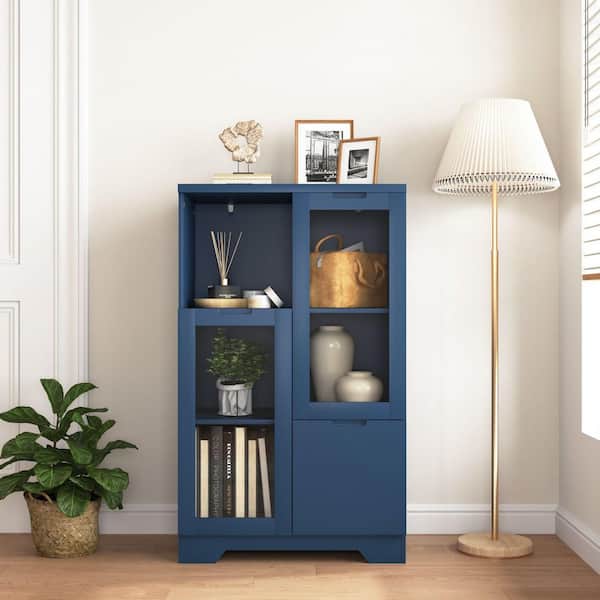 Matilda Blue 39.4 in. H Accent Storage Cabinet Sideboard with Glass Doors and Drawer
