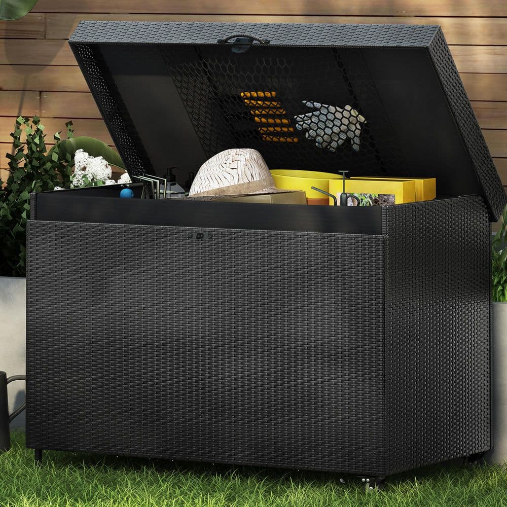 230 Gal. Black All-Weather Rattan Outdoor Storage Bench Deck Box with Locka