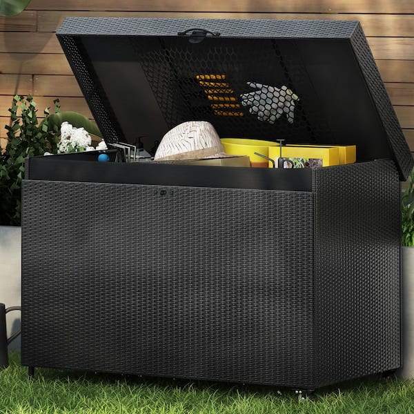 230 Gal. Black All-Weather Rattan Outdoor Storage Bench Deck Box with Lockable Wheels