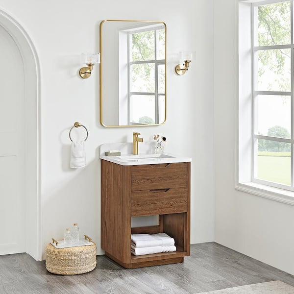 ROSWELL Harbin 24 in. W x 22 in. D x 33.9 in. H Single Bath Vanity in Oak Weathered Brown with White Engineered Stone Top
