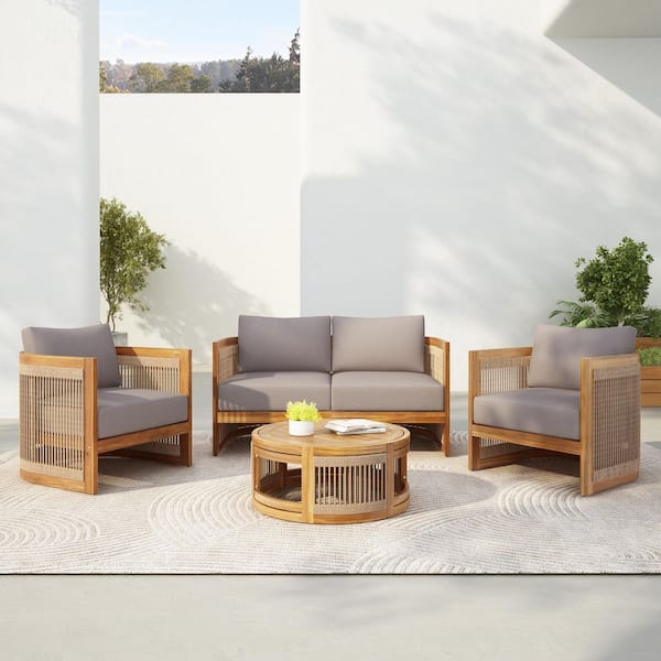 4-Piece Wood Patio Conversation Set with Gray Cushions and Coffee Table