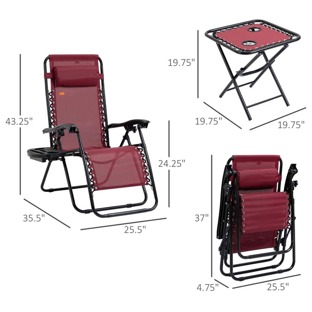 Wine Red Steel Zero Gravity Folding Lounge Chair Set with Cushions