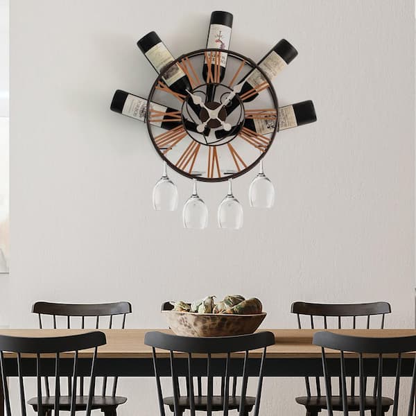 Vintiquewise Wall-Mounted Clock Design Wine Holder with Stemware