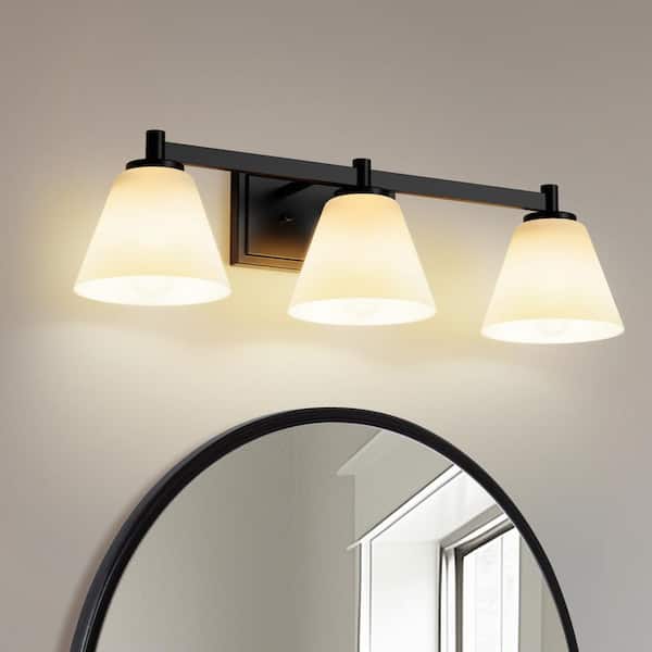 YANSUN 25 in. 3-Light Black Vanity Light with White Clear Cone Glass Shades for Bathroom, Mirror, Powder Room