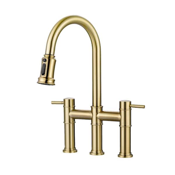 3-Hole 8 in. Double Handle Brass Bridge Kitchen Faucet with 3-Mode Pull Down Sprayer and Supply Lines in Gold