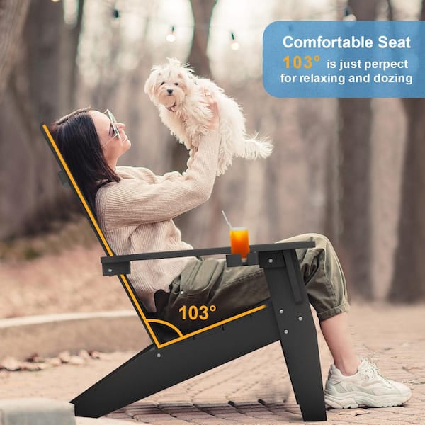 Oversize Modern Black Plastic Outdoor Patio Adirondack Chair with Cup Holder