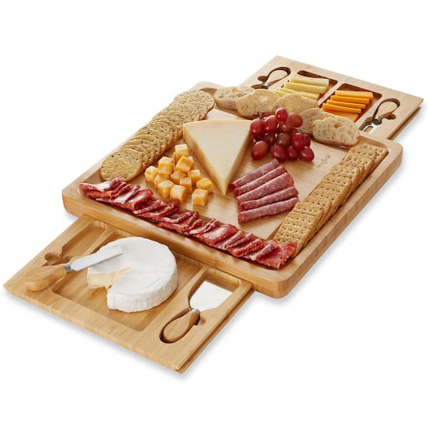 Casafield 14.25 in. Traditional Natural Brown Bamboo Cheese Board with Serving Trays and Cheese Knives