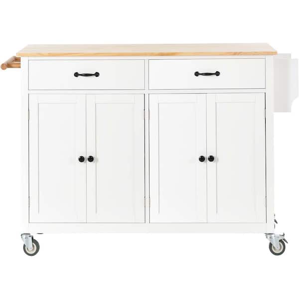 Unbranded White Wood Kitchen Cart with Solid Wood Top and Locking Wheels (54.3 in.W)