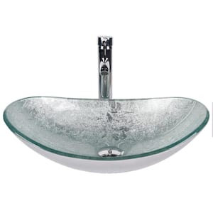Silver Foil Undertone Glass Oval Vessel Sink with Chrome Faucet