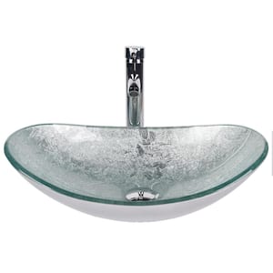 21 in . Bathroom Sink in Silver Multi-Colored Glass Oval Vessel Sink with Faucet Pop Up Drain Set