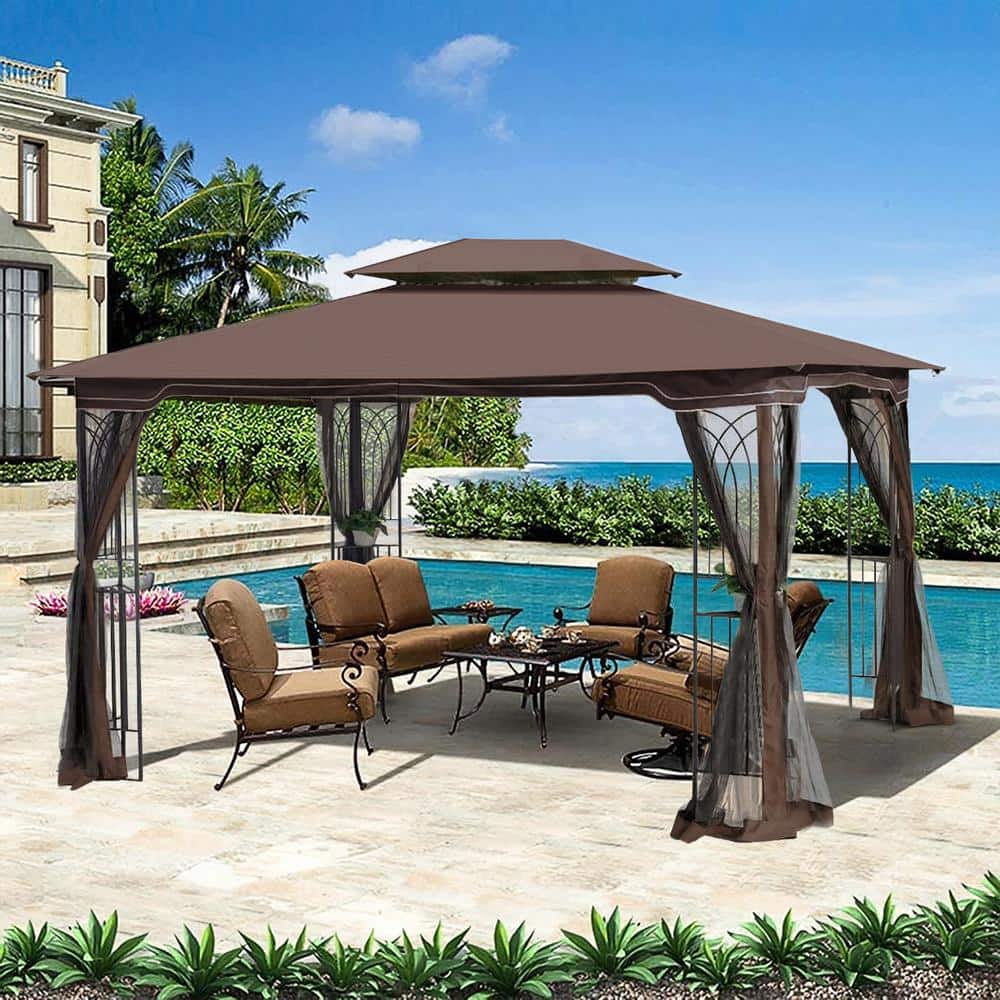 10 ft. x 13 ft. Brown Outdoor Patio Gazebo Canopy Tent With Ventilated Doub