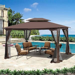 Patio 13 ft. x 10 ft. Brown Garden Canopy Gazebo with Ventilated Double Roof And Mosquito net