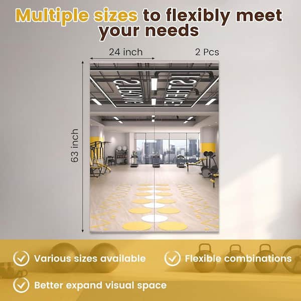 Modern 24 in. W x 63 in. H Frameless Wall Mirror HD Tempered Glass Gym Mirror/Yoga Mirror, Easy Wall Mount (2-Pack)