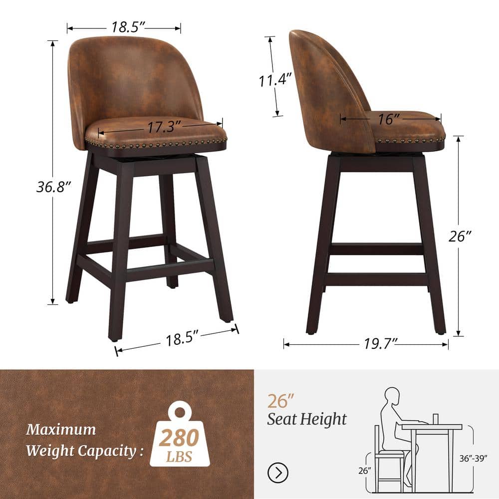 Whiskey Brown Faux Leather Swivel Counter Stools with Wood Legs, Set of 4
