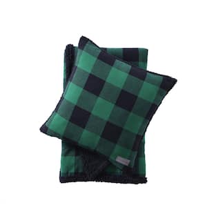 Cabin Plaid 2-Piece Green Flannel Cotton Sherpa Reverse Throw and Pillow Cover Set