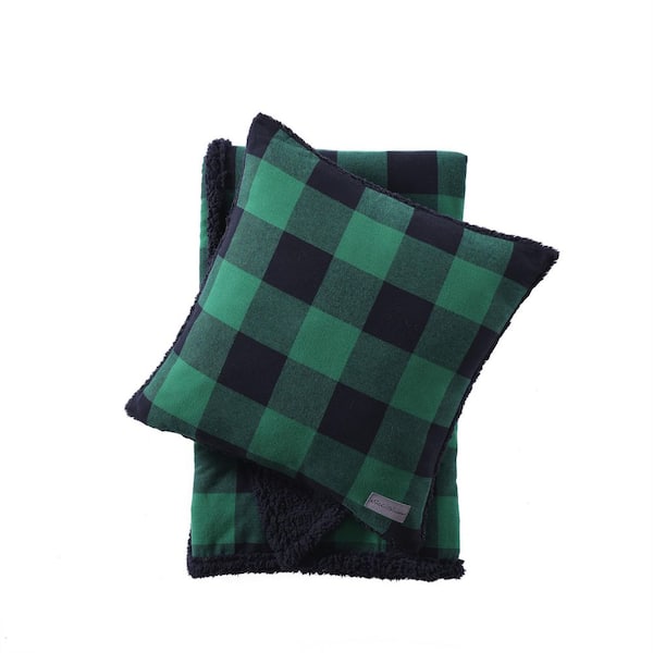 Eddie Bauer Cabin Plaid 2-Piece Green Flannel Cotton Sherpa Reverse Throw and Pillow Cover Set