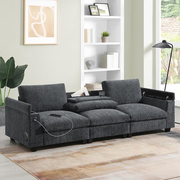 Harper & Bright Designs 96 in. Flared Arm Chenille Rectangle Sofa in Dark Gray with Bluetooth Speaker, Storage Armrest, Cup Holders, USB Charger