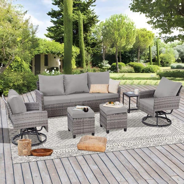 6-Piece Outdoor Rattan Sectional Sofa Patio Wicker Furniture Sets with CushionGuard Gray Cushions