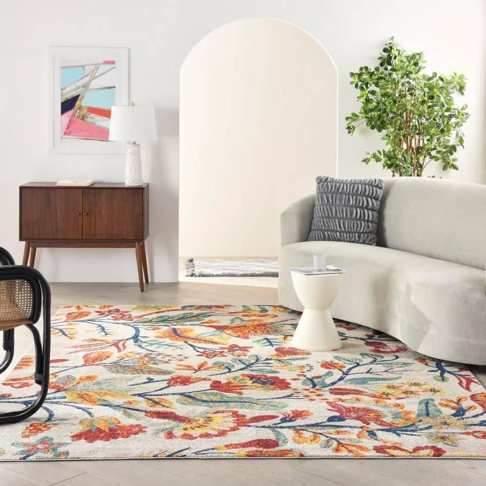 Ivory Multicolor Floral Easy-Care 8' x 10' Synthetic Area Rug