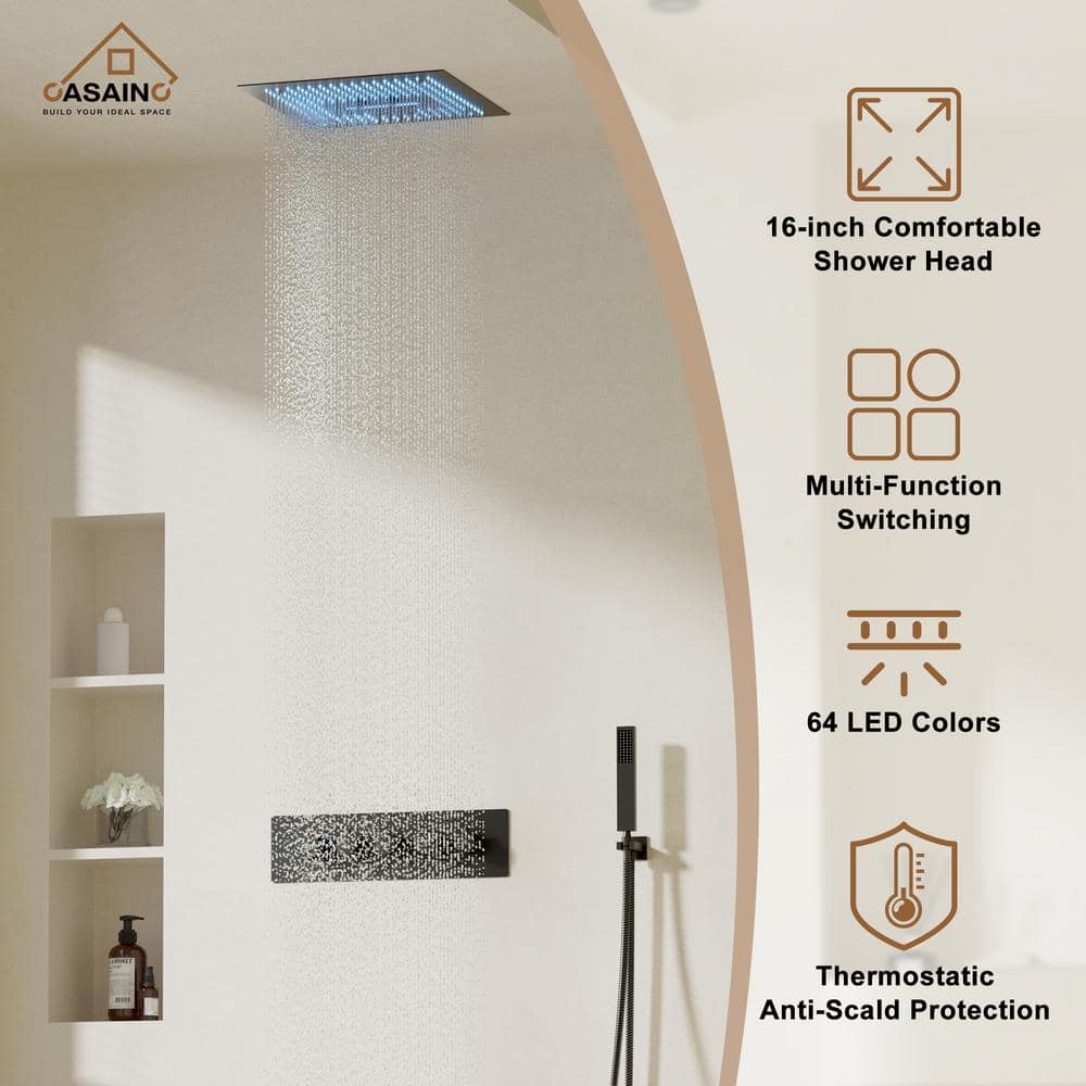Matte Black 16-Inch Dual Square Ceiling Mounted Rain Shower System