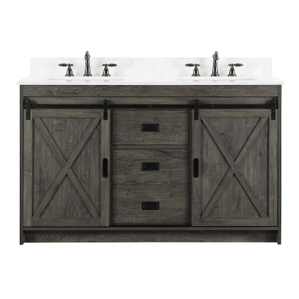 Rafter 54 in. W x 22 in. D Bath Vanity in Charcoal Gray with Carrara White Engineered Stone Vanity Top with White Sinks