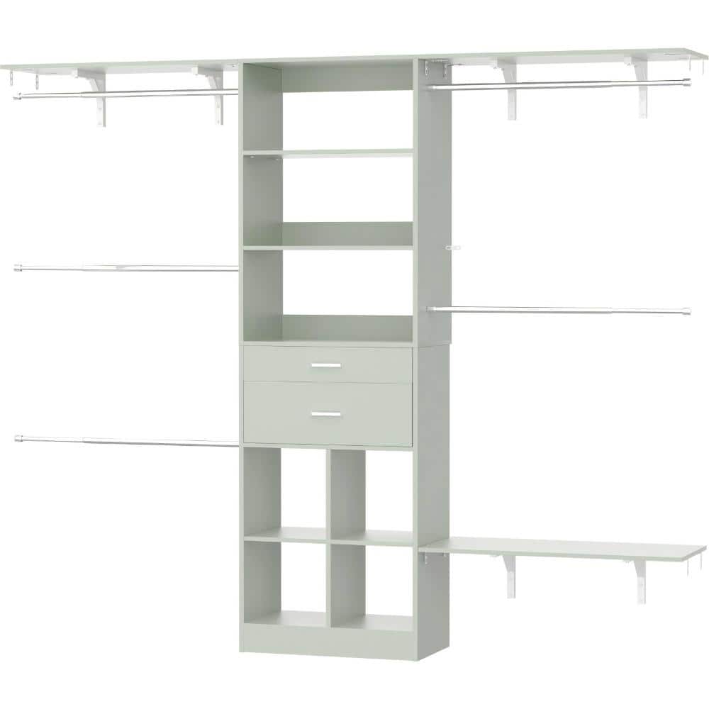 4.8-8  FT Crab Green Reach-In Wall Mount Closet System with Wooden Drawers & Cube Storage Organizer & Hanging Rods
