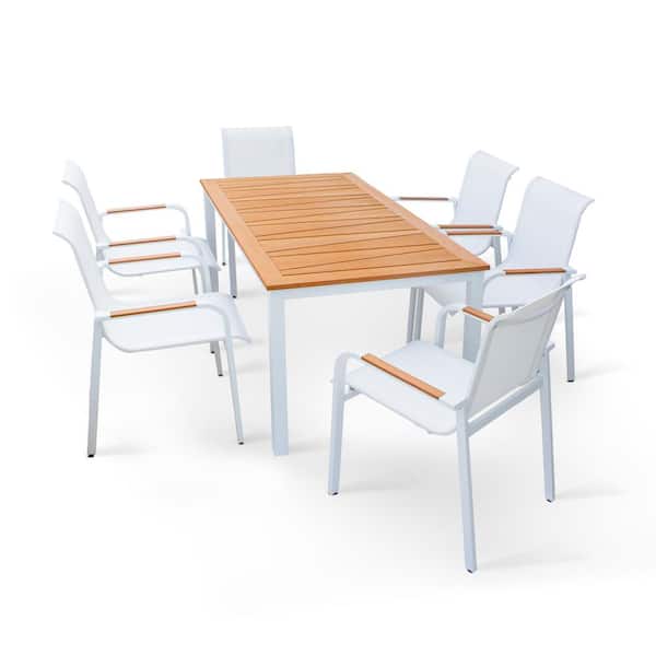 Sungrd White 7-Piece Aluminum Luxury Faux Wood Tabletop Outdoor Dining Set