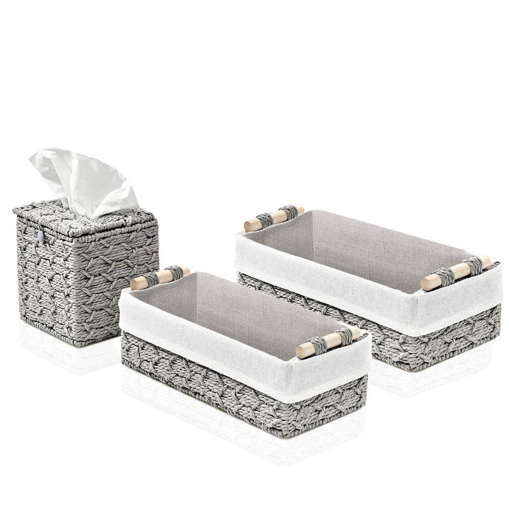 Macrame Decor Baskets & Tissue Holder Set, Lined Woven Box Set, Gray 13.5 i