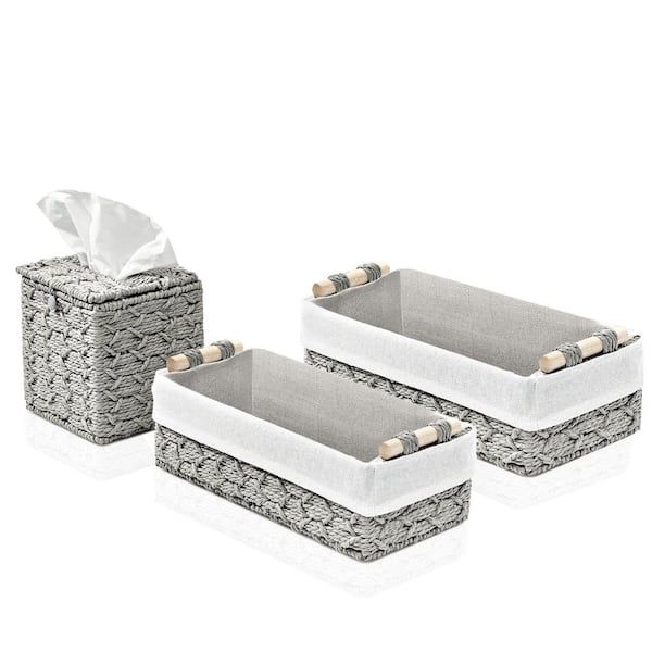 Macrame Decor Baskets & Tissue Holder Set, Lined Woven Box Set, Gray 13.5 in. x 4 in. Cardboard Decorative Box Set of 3