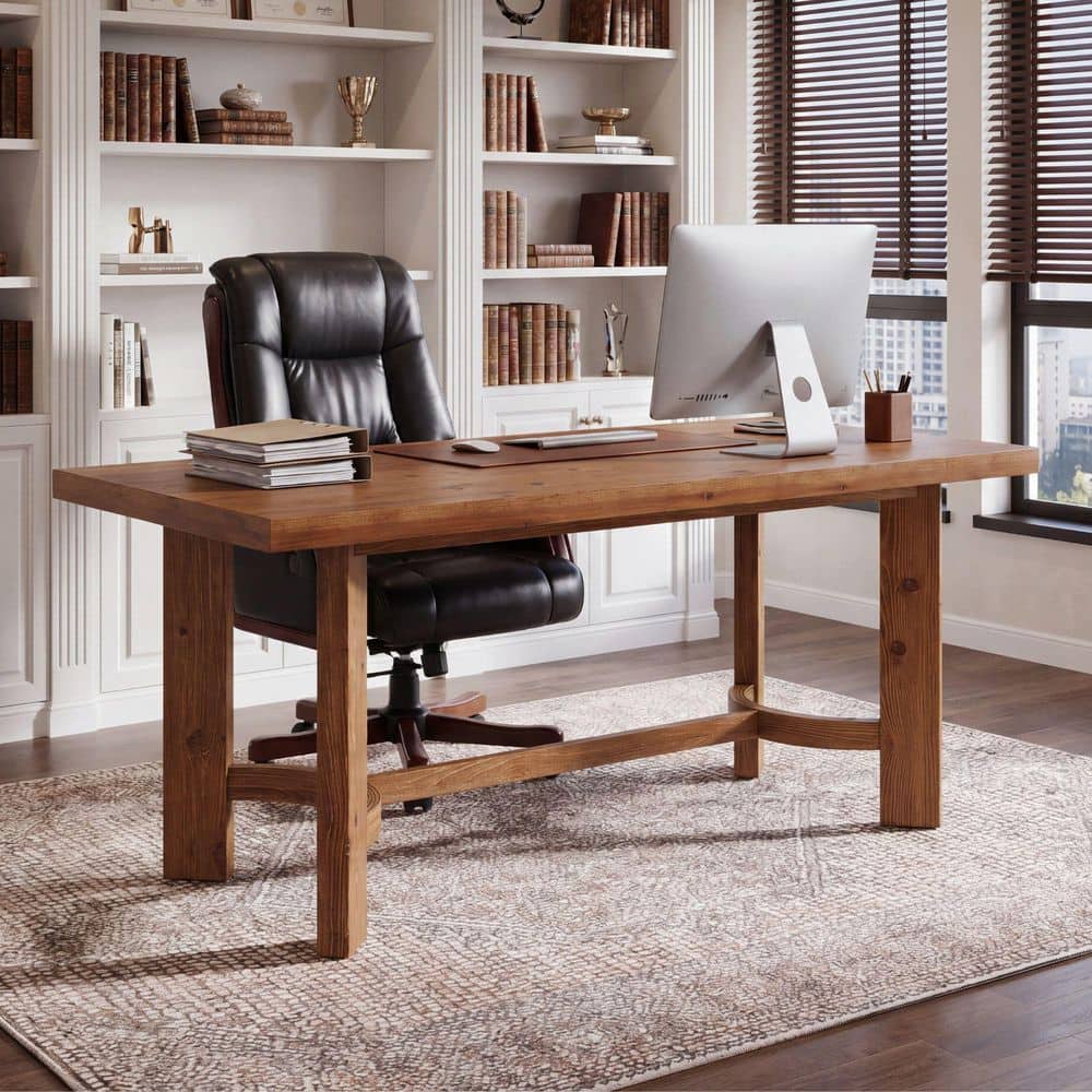 Lanita 63 in. Walnut Solid Wood Computer Desk with 1.97 in. Thickened Tabletop, Farmhouse Executive Desk for Sturdy Room