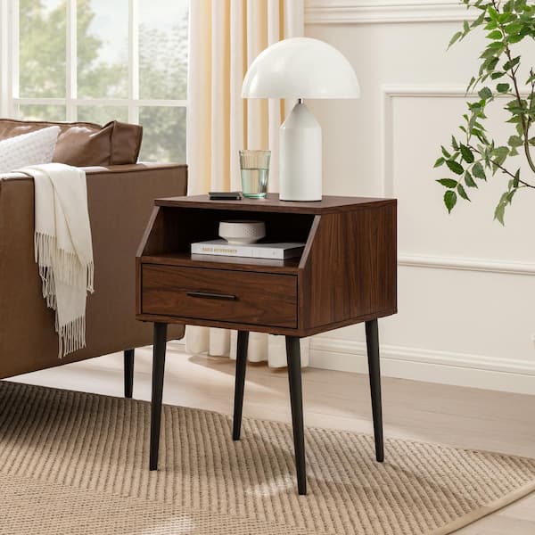 Welwick Designs 18 in. Dark Walnut Angled Rectangle Wood Modern End Table with 1-Drawer