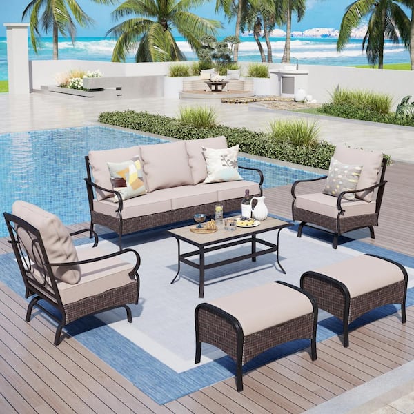 PHI VILLA Brown Rattan 7 Seat 6-Piece Steel Outdoor Patio Conversation Set with Beige Cushions, Table with Wood-Grain Top