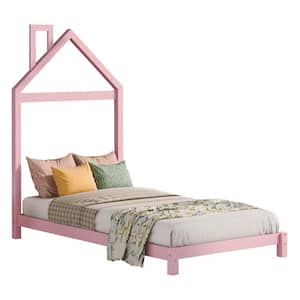 42.30 in. W Twin Size Wood Platform Bed in Pink with House-shaped Headboard