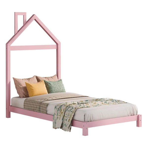 Polibi 42.30 in. W Twin Size Wood Platform Bed in Pink with House-shaped Headboard