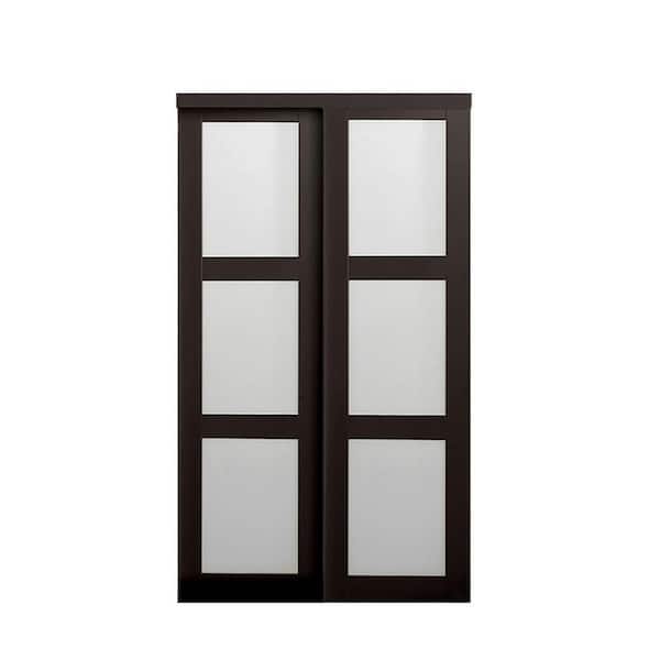 TRUporte 48 in. x 80.5 in. 2290 Series Espresso 3-Lite Tempered Frosted Glass Composite Sliding Door