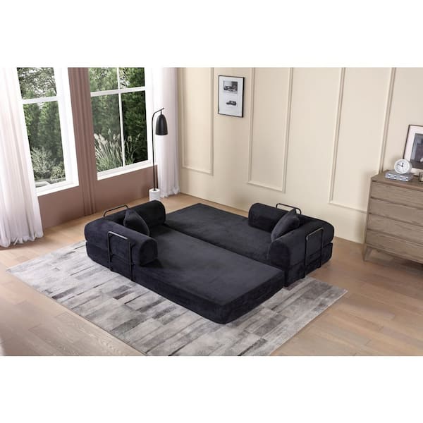 78 in. W Black Fabric King Sofa Bed with Cylindrical Pillow-Corduroy Folding Mattress for Living Room, Bedroom