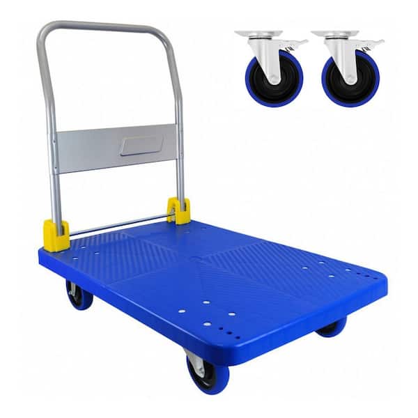 880 lbs. Blue Heavy-Duty Steel Platform Truck Dolly Flatbed Hand Cart with Folding Handle, Brake Wheels, Swivel Casters