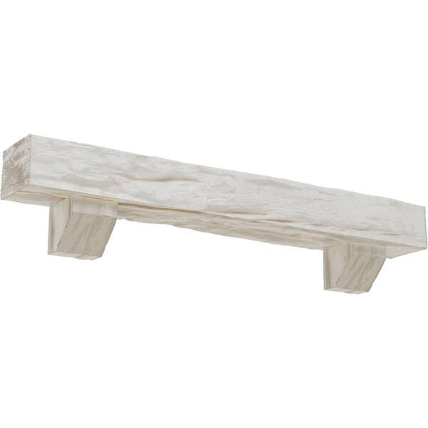 Ekena Millwork 4 in. x 8 in. x 5 ft. Riverwood Faux Wood Beam Fireplace Mantel Kit, Ashford Corbels in Factory Prepped Ready to Paint