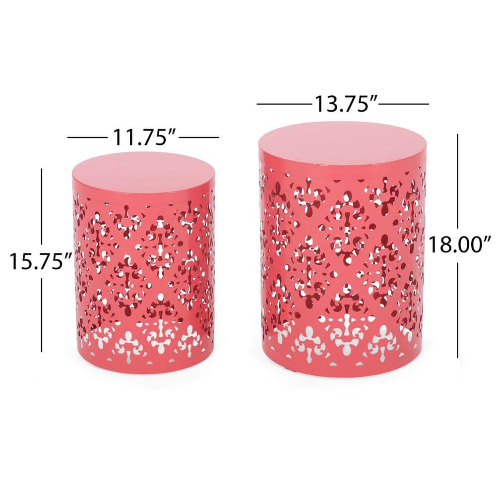 Dark Coral Iron Cylindrical Outdoor Side Tables, Set of 2