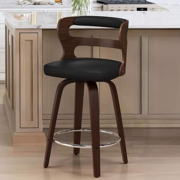 Arabela 26 in. Black Solid Wood Swivel Bar Stool Faux Leather Kitchen Counter Stool with Walnut Frame