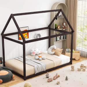 Brown Twin House Bed Wood Frame with Roof for Kids Toddler No Box Spring