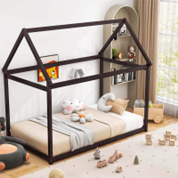 Costway Brown Twin House Bed Wood Frame with Roof for Kids Toddler No Box Spring