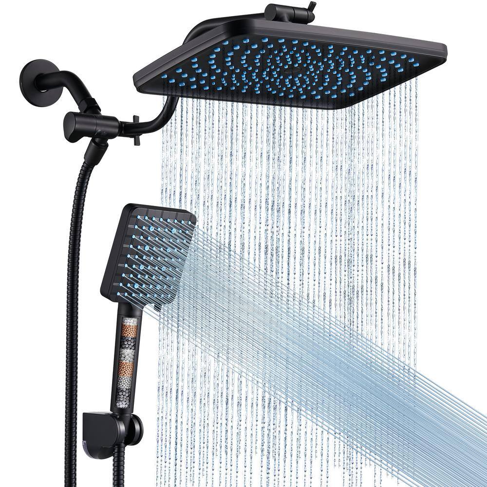 Heemli Rainfull Two-in-One 6-Spray 12 in. Dual Wall Mount filtered Shower Head Fixed and Handheld Shower Head 1.8 GPM in Black KAS0712B