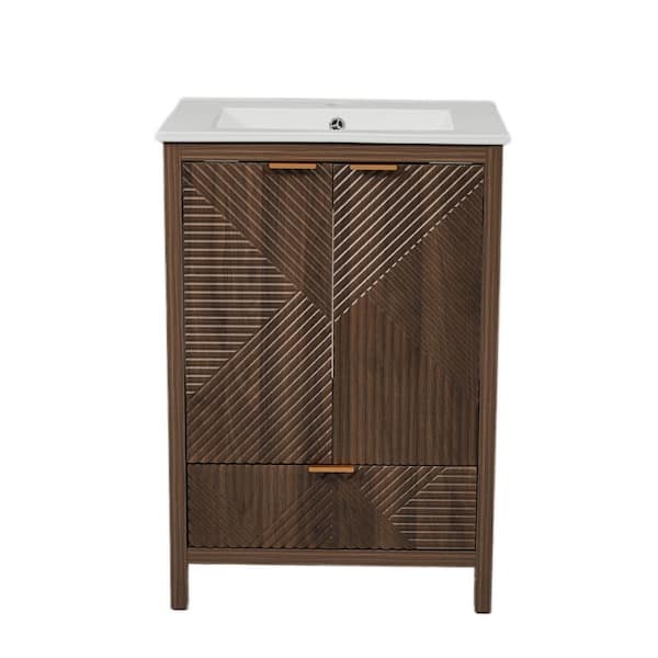 24 in. Freestanding Undermount Brown Bath Vanity with White Ceramic Top, Textured Door Panels and a Drawer