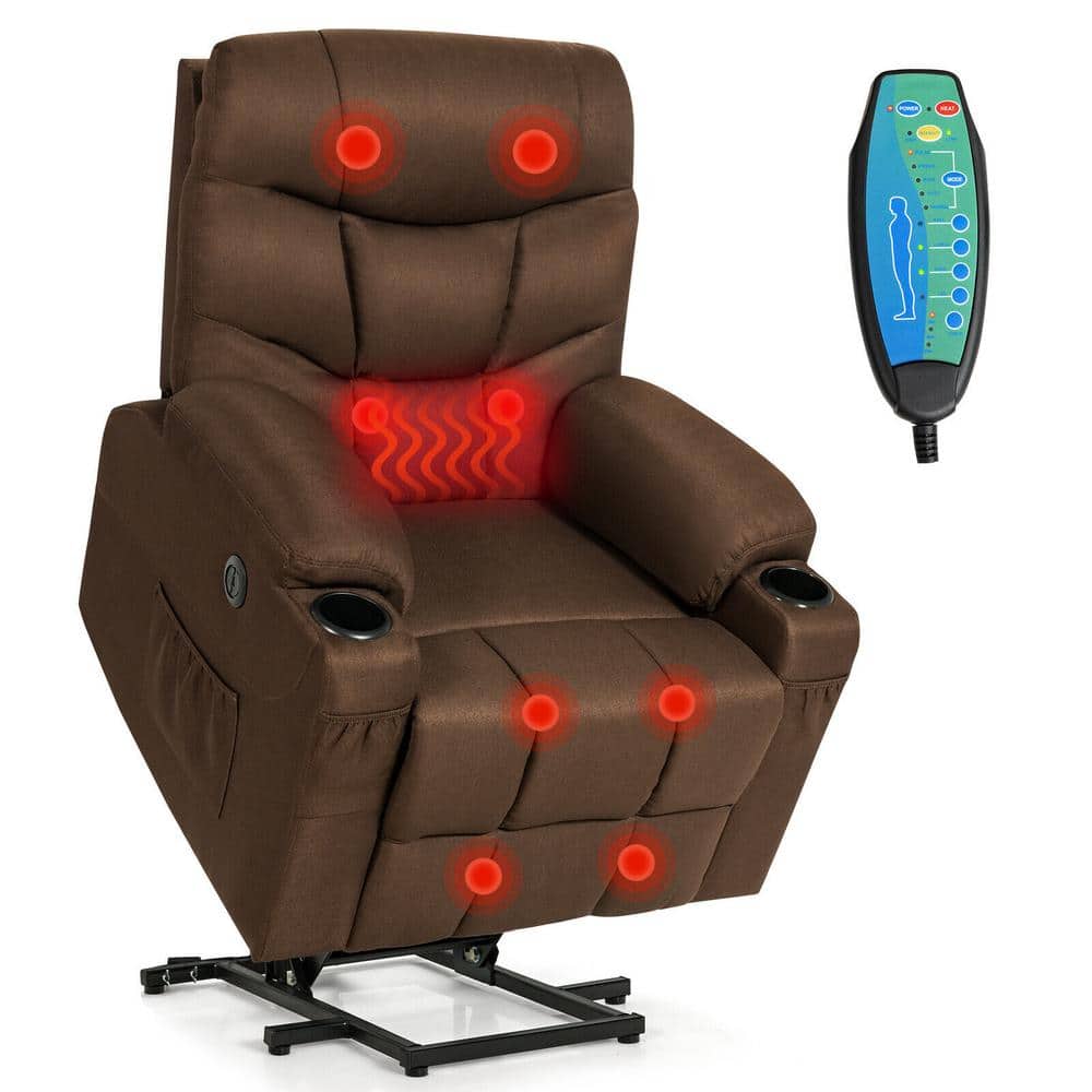Brown Linen Power Lift Recliner Chair with Vibration Massage and Lumbar Hea