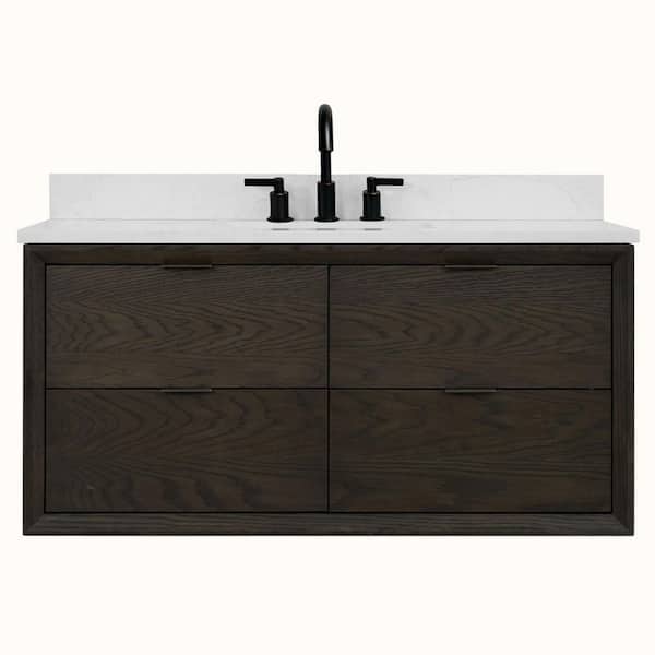 Solid Wood Contemporary 48 in. Wall Mount Brown Oak Bath Vanity with White Artificial Stone Top Assembled